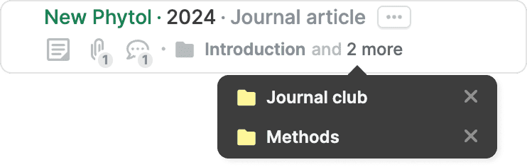 A reference showing the folder “Introduction and 2 more”, expanded into a popup listing the Journal club and Methods folders, each with a remove (×) button.